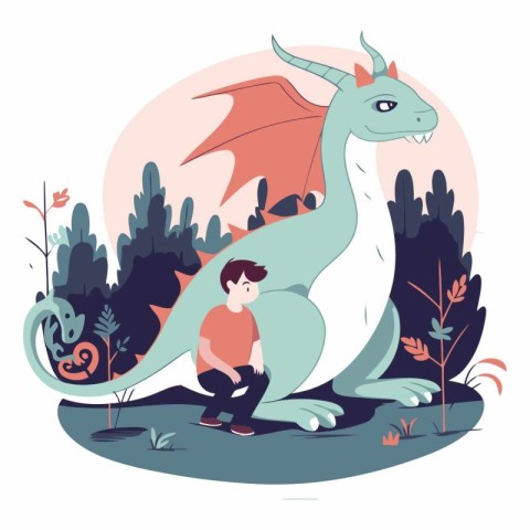 Vector illustration of a boy with a dragon in the forest. Flat s