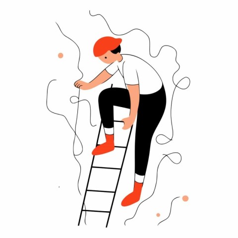 Vector illustration of a man climbing a ladder on a white backgr