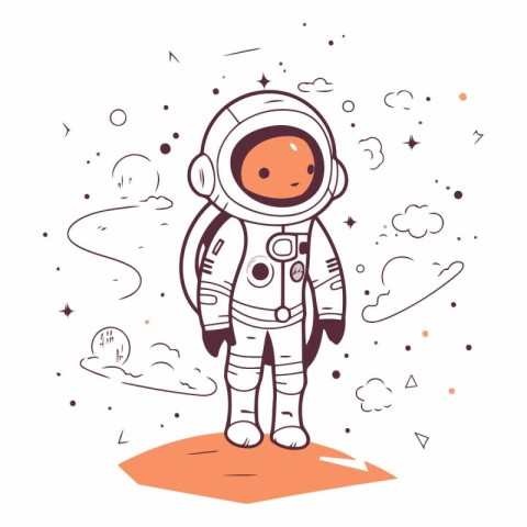 Astronaut in outer space in doodle style.