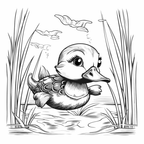 Duckling on a pond. Black and white vector illustration.