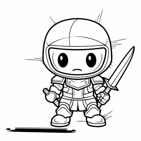 Cartoon astronaut with sword and shield. Black and white vector