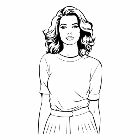 Beautiful young woman. Black and white vector illustration in sk