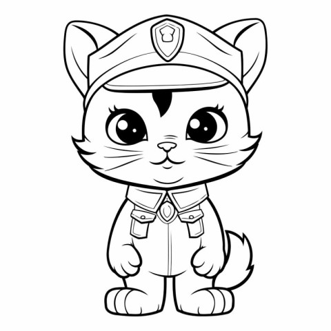 Black and White Cartoon Illustration of Cat Police Officer Chara