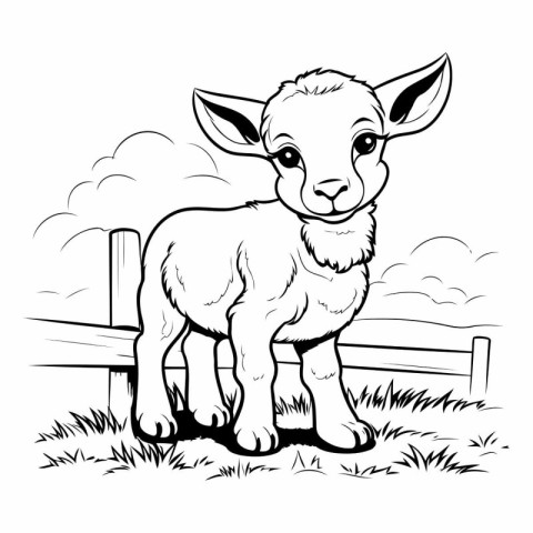 Cute little lamb standing on the farm. Black and white vector il