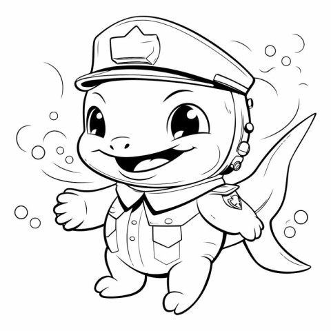 Black and White Cartoon Illustration of Cute Baby Shark Captain