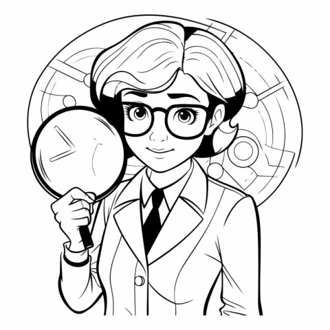 Black and white illustration of a woman in glasses holding a mag