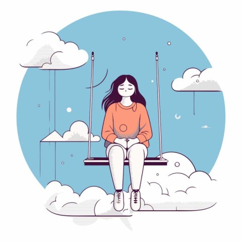 Girl sitting on a swing in the clouds in cartoon style.