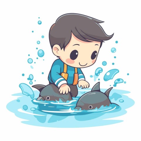 Little boy playing with dolphins in the water. Cute cartoon vect