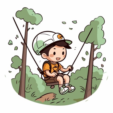 Cute boy on a swing in the forest.