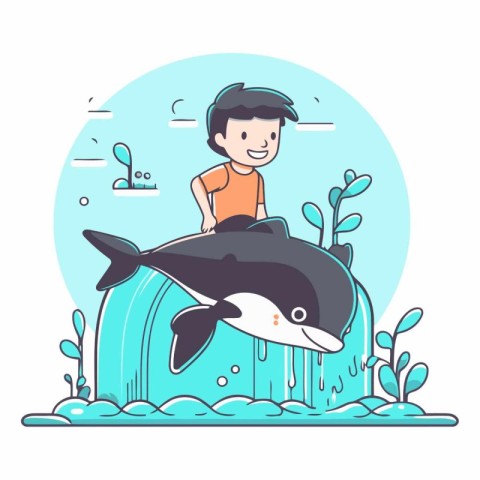 Cute boy swimming with killer whale in cartoon style.