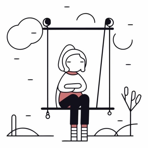 Pregnant woman sitting on a swing and relaxing in flat style.