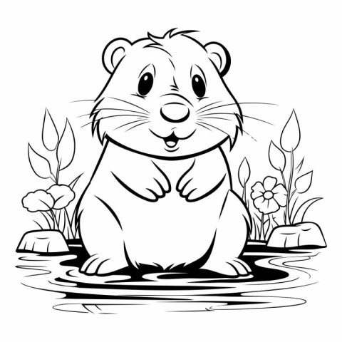 Hamster in the pond. Black and white vector illustration for col