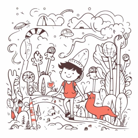 Cute boy playing in the park. Vector hand drawn illustration.