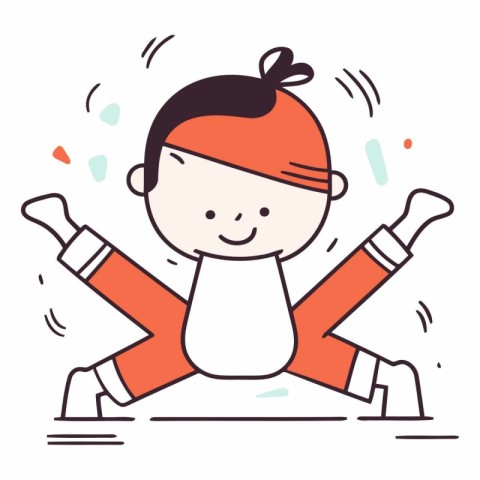 Happy little boy jumping in the air. Vector line art illustratio