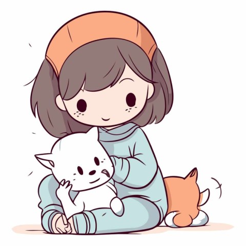 Illustration of a Cute Little Girl Hugging a Cat.