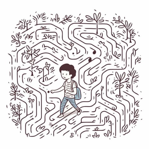 Vector illustration of a maze with a little boy and trees in the