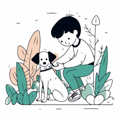 Boy and dog in the park in cartoon style.