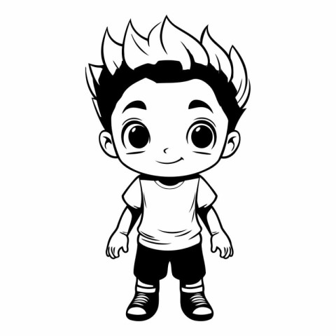 Cute little boy in black and white cartoon vector illustration g