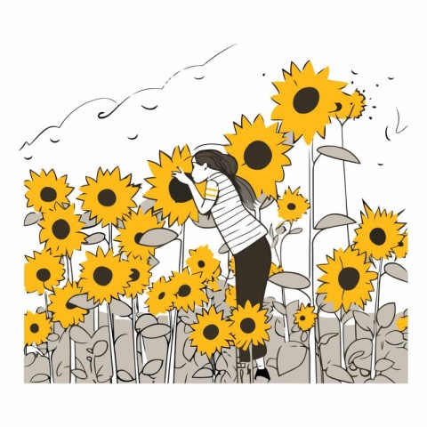 Illustration of a girl in a field of sunflowers.