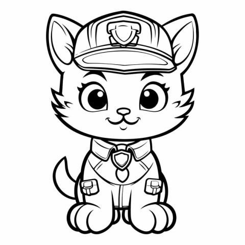 Black and White Cartoon Illustration of Cute Cat Police Officer