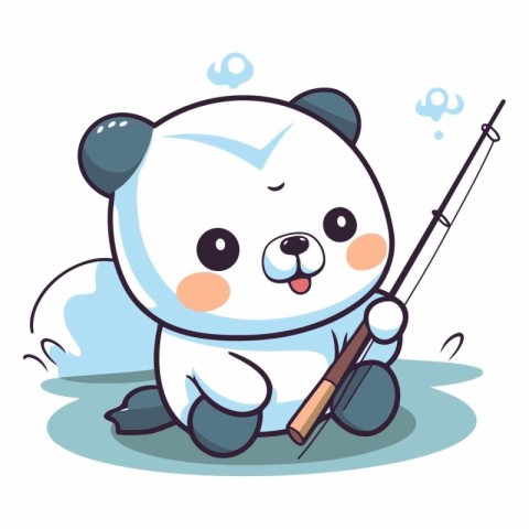 Polar bear with fishing rod. Cute cartoon character.