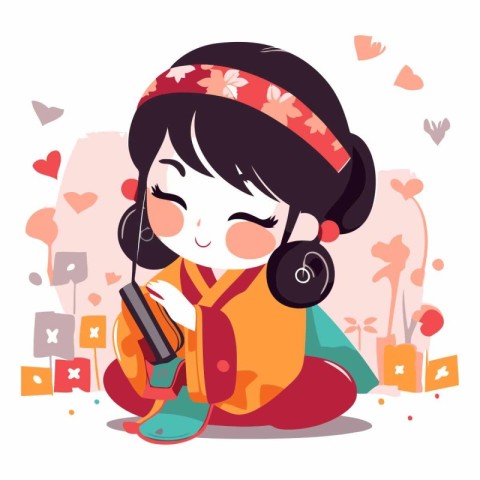 Cute girl listening to music on headphones. Vector flat illustra