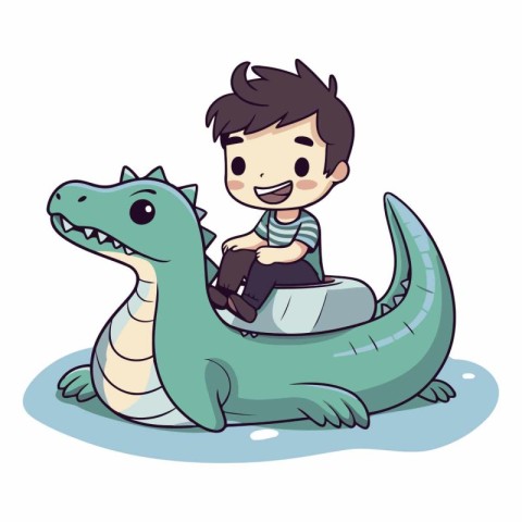 Cute little boy sitting on big crocodile.