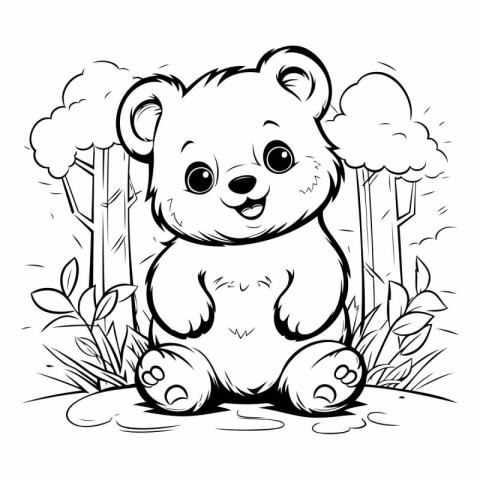 Illustration of a Cute Teddy Bear in the Forest - Coloring Book