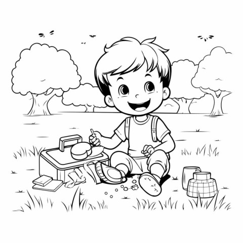 Boy playing in the park. black and white vector illustration for