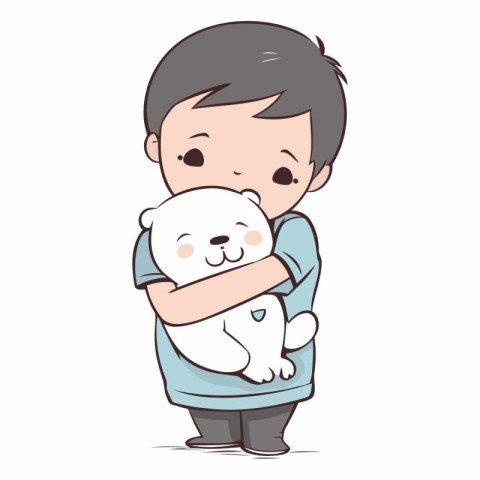 Cute little boy hugging a white polar bear.