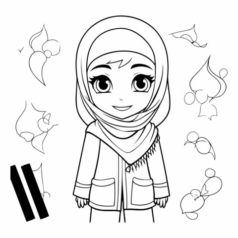 Muslim girl in hijab. Black and white vector illustration for co