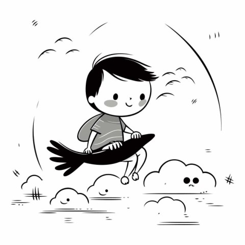 Boy riding on a surfboard in the clouds.