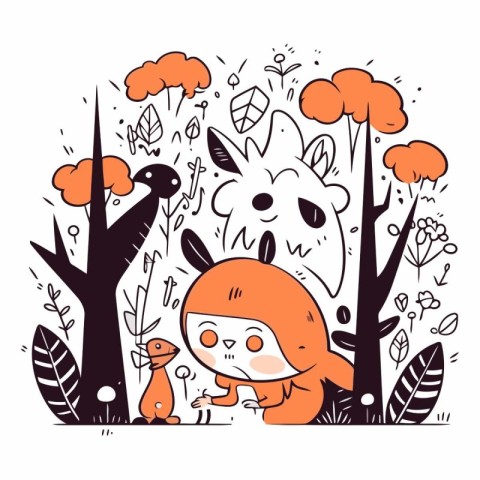 Vector illustration of a cute fox in a forest. Hand drawn cartoo