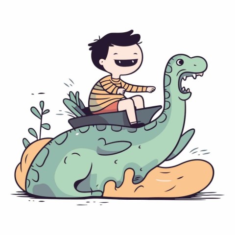 Cute little boy riding a dinosaur in the park.