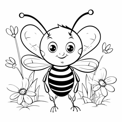 Black and white illustration of a cute bee with flowers. Colorin