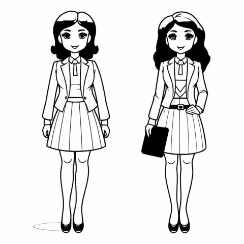 Cute fashion girls with briefcase in black and white vector illu