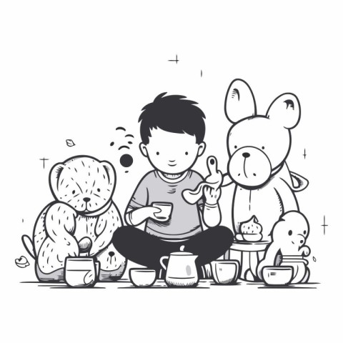 Illustration of a boy eating soup with his friends