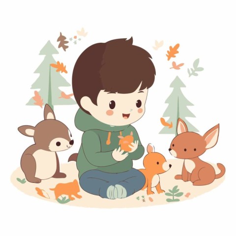 Cute boy playing with animals in the park.