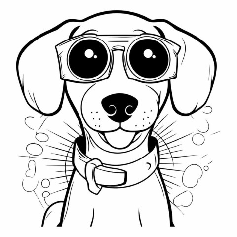 Dachshund dog with glasses. Black and white vector illustration.