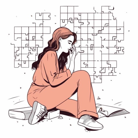 Sad woman sitting on the floor and solving crossword puzzle.