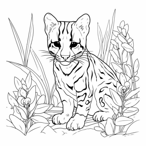 vector illustration of a leopard sitting in the grass with flowe