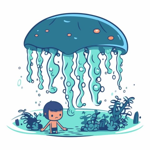 Cartoon illustration of a little boy swimming under a jellyfish.