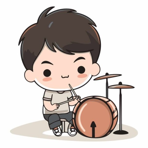 Boy playing drum set - Cute little boy playing drum set vector