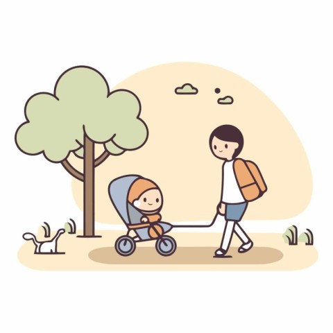 Happy family walking with baby stroller in the park. Flat style