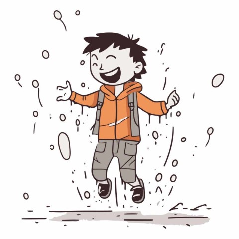 Cartoon vector illustration of a happy boy jumping in the rain.