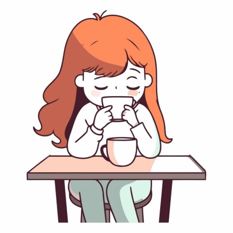 Illustration of a little girl drinking coffee while sitting at t