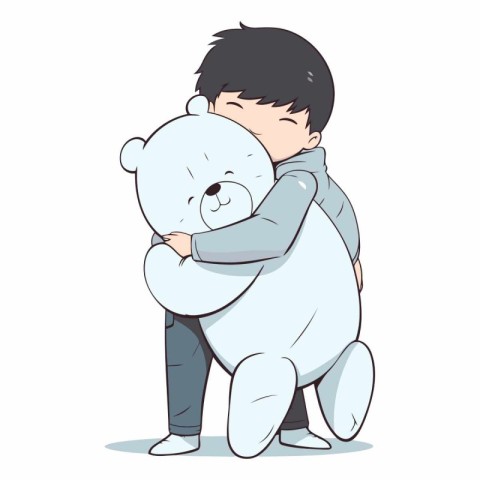 Cute little boy hugging a big white bear.