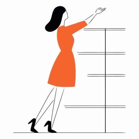 Businesswoman in orange dress standing on stairs in flat style