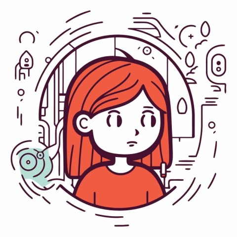 Vector illustration of a sad girl in the bathroom. The girl is s