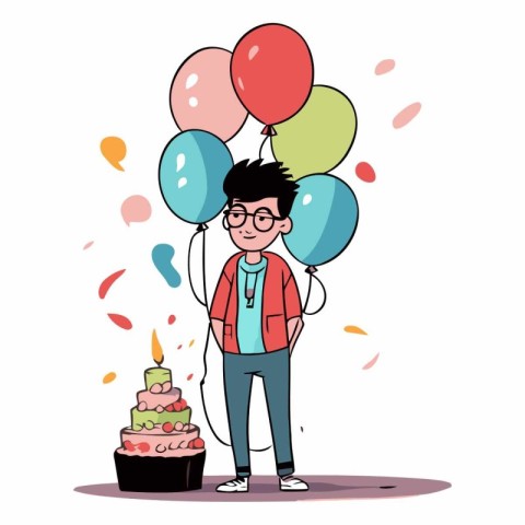 Man with balloons and cake in flat cartoon style.